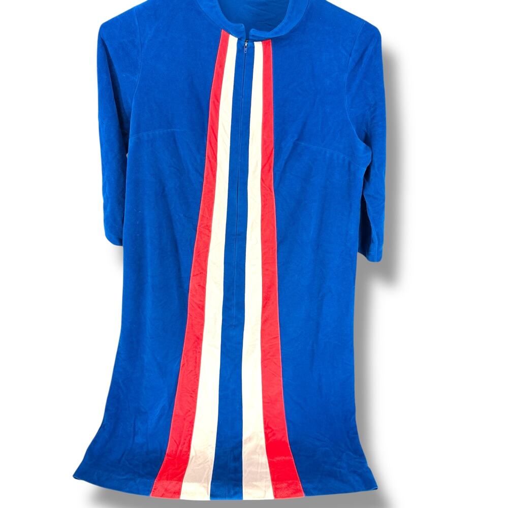Vintage JCPenney Velour Zip Housecoat Red White Blue Racing Stripe 70s M